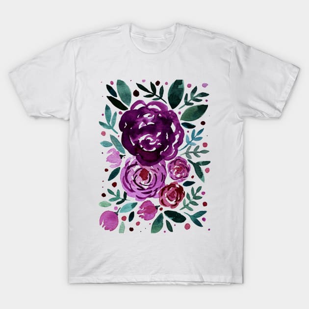 Watercolor roses bouquet - purple and green T-Shirt by wackapacka